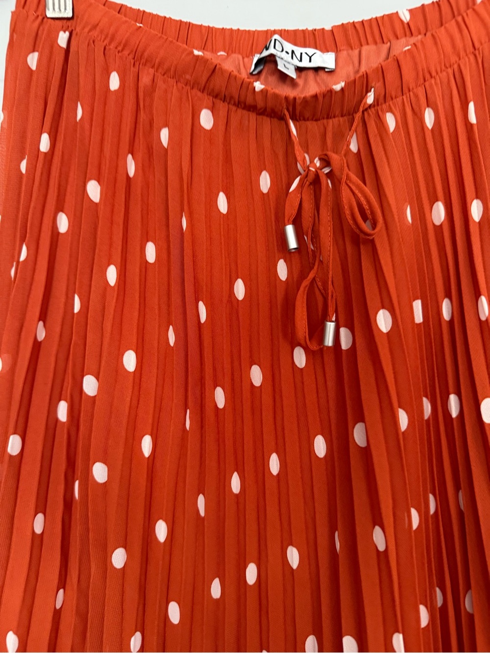 WD.NY Medi Maxi Skirt Pleats Pleated Burnt Orange White Polka Dots L Bohemian - Picture 2 of 5